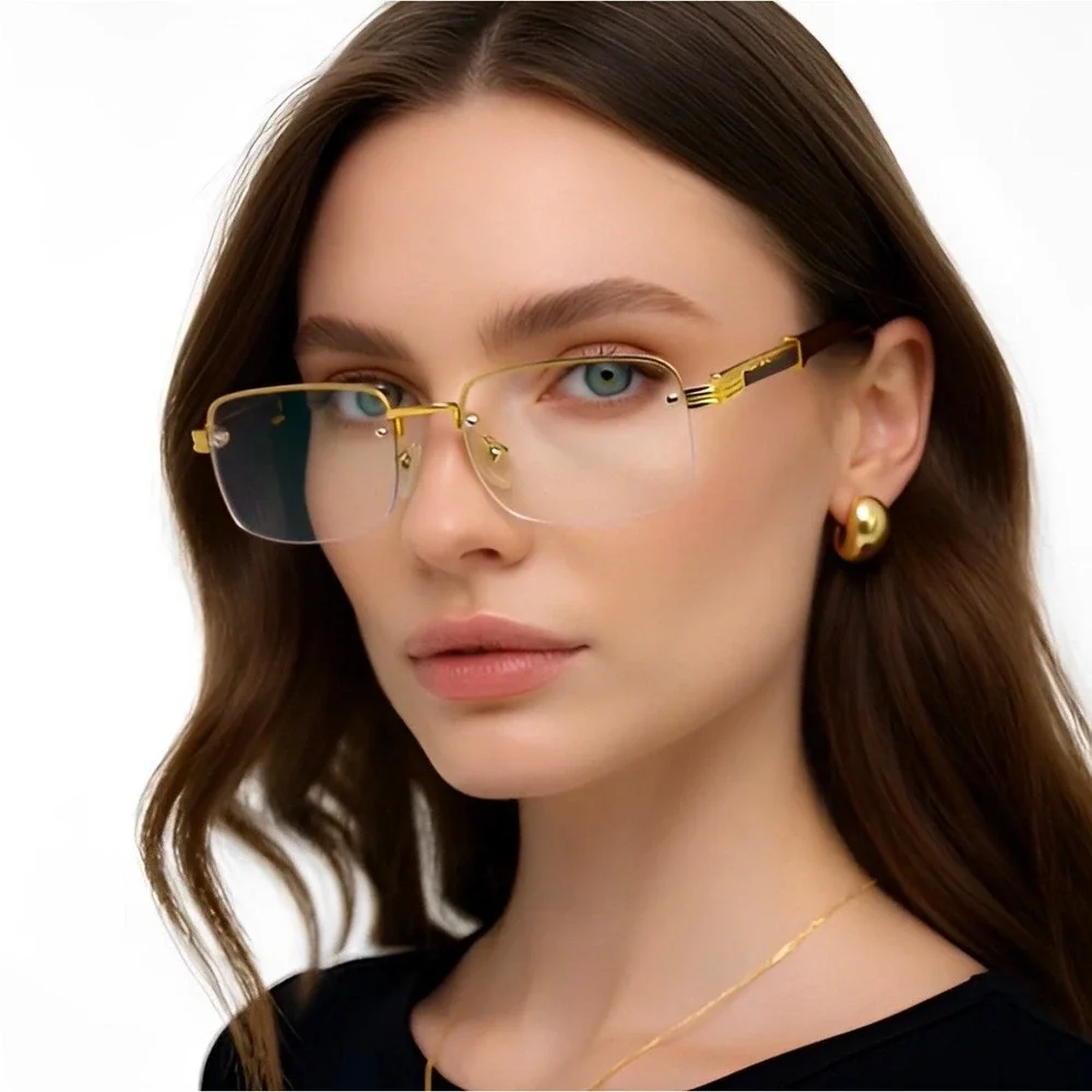 Women Rimless Gold Frame Eyewear Hip Hop Square Clear Lens Retro Fashion Glasses